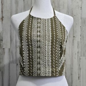 House of Harlow Olive Green Linen Blend Embroidered  Halter Crop Top Medium